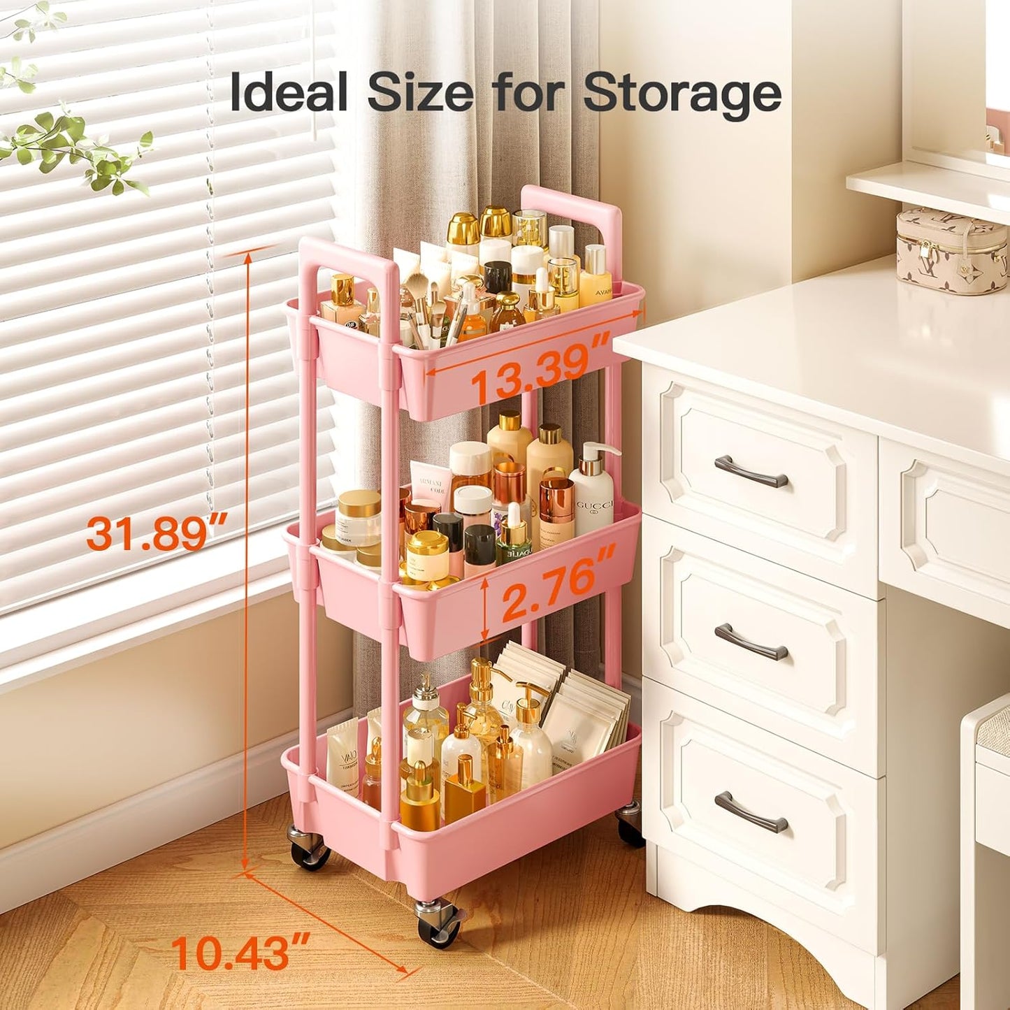 Pipishell 3 Tier Rolling Cart Organizer, Plastic Rolling Cart with Lockable Wheels & Reinforced Handle, Lightweight Utility Storage Cart for Nursery, Kitchen, Craft Room, Pink