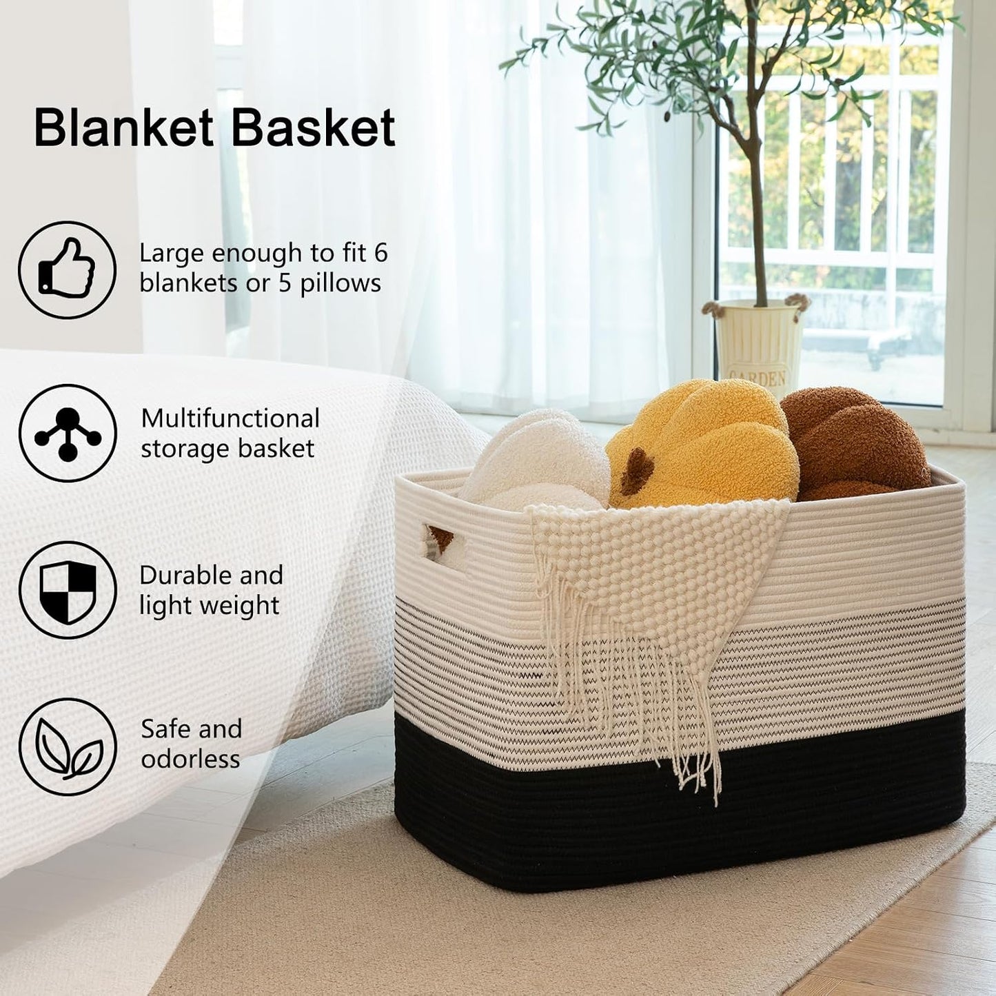OIAHOMY Blanket Basket Laundry Basket Dog Toy Basket 108L Gradient Black | Large Storage Basket,Baby Basket,Toy Storage,Woven Rope Basket for Blankets,Blanket Storage for Living Room