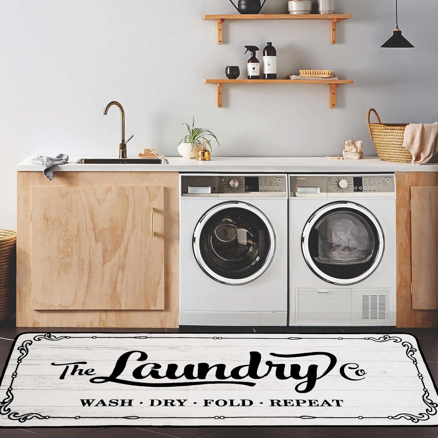 Laundry Room Rug Runner 20"X49" TPR Non Slip Farmhouse Laundry Rugs for Laundry Room Decor Washable Runner Rugs for Kitchen Floor Mudroom and Bathroom-White