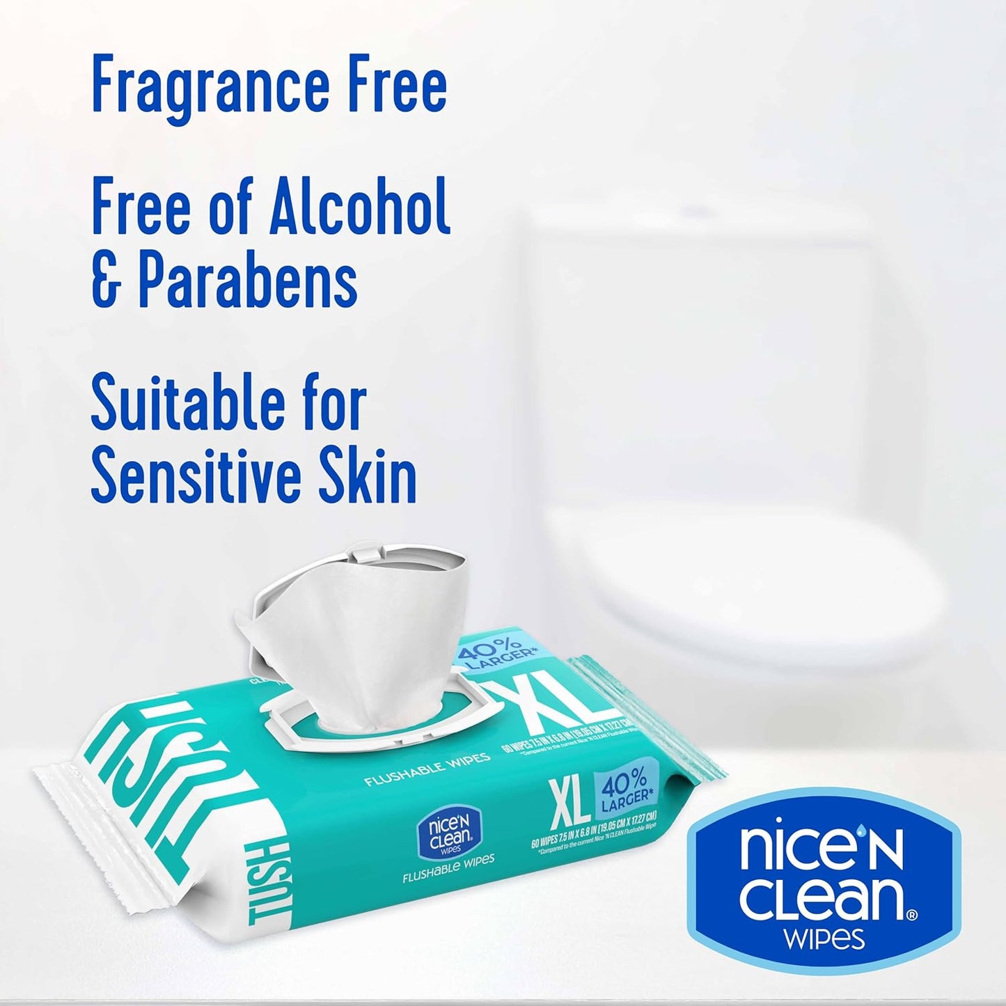 Nice 'N CLEAN Extra Large Flushable Wipes | 40% Larger Wipes | 6.8" x 7.5" Unscented XL Adult Wet Wipes | Septic and Sewer Safe | Fragrance Free, Hypoallergenic, Plant Based | 180 Butt Wipes
