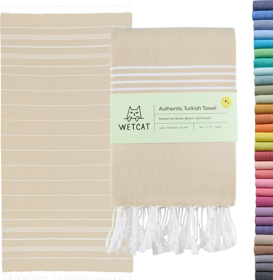 WETCAT Turkish Beach Towel Oversized (38"x71") 100% Turkish Cotton, Made in Turkey - Sand Free, Extra Large, Ultra Soft, Quick Drying, Compact & Lightweight for Travel - Beige