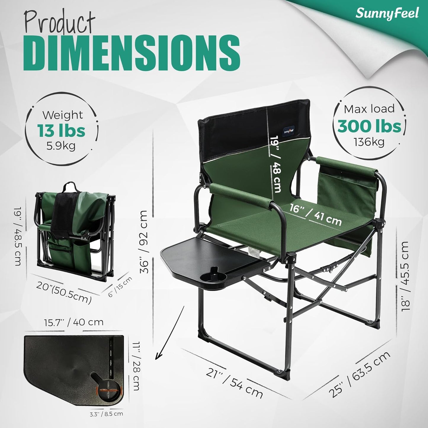 SUNNYFEEL Camping Directors Chair 2 Pack, Heavy Duty,Oversized Portable Folding Chair with Side Table, Pocket for Beach, Fishing,Trip,Picnic,Lawn,Concert Outdoor Foldable Camp Chairs