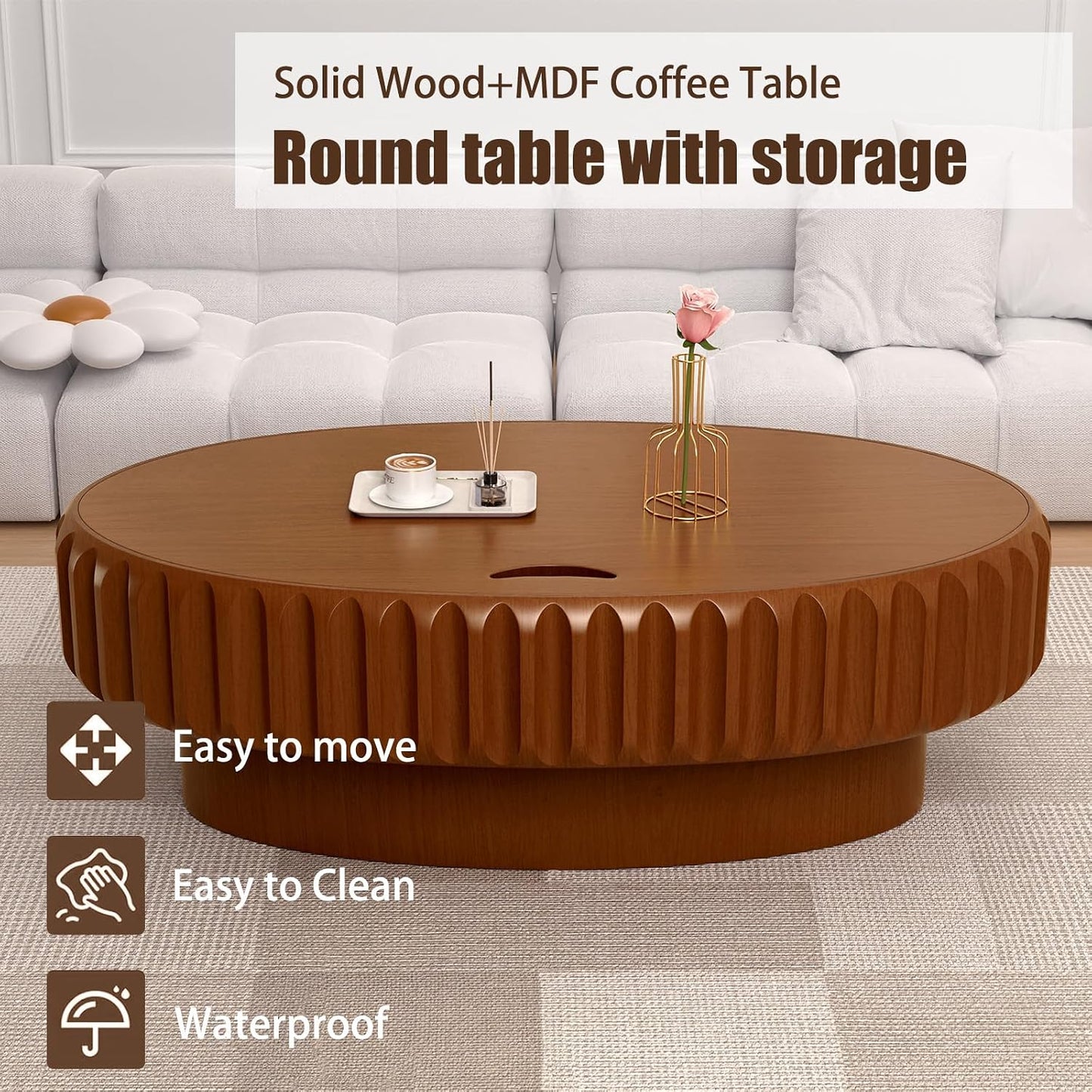 43.3'' Oval Coffee Table with Storage for Living Room, Brown | Mid Century Modern Fluted Drum Wood Coffee Tables with Lid, Sturdy Pedestal Center Tables for Apartment, Easy Assembly