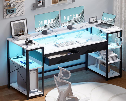 Pamray 58 Inch Computer Desk with Monitor Stand and Shelves Gaming Desk with LED Lights & Power Outlets PC Vanity Table with 2 Drawers for Home Office Marble