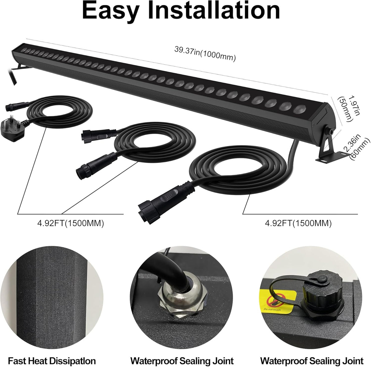Linkable LED Light Bar Outdoor Color-Changing, 40″ RGBCW Wall Washer Light, 180W Smart Bluetooth App & Remote Control, 2700K-6500K Tunable White, IP65, for Stage, DJ, Home Patio & Commercial