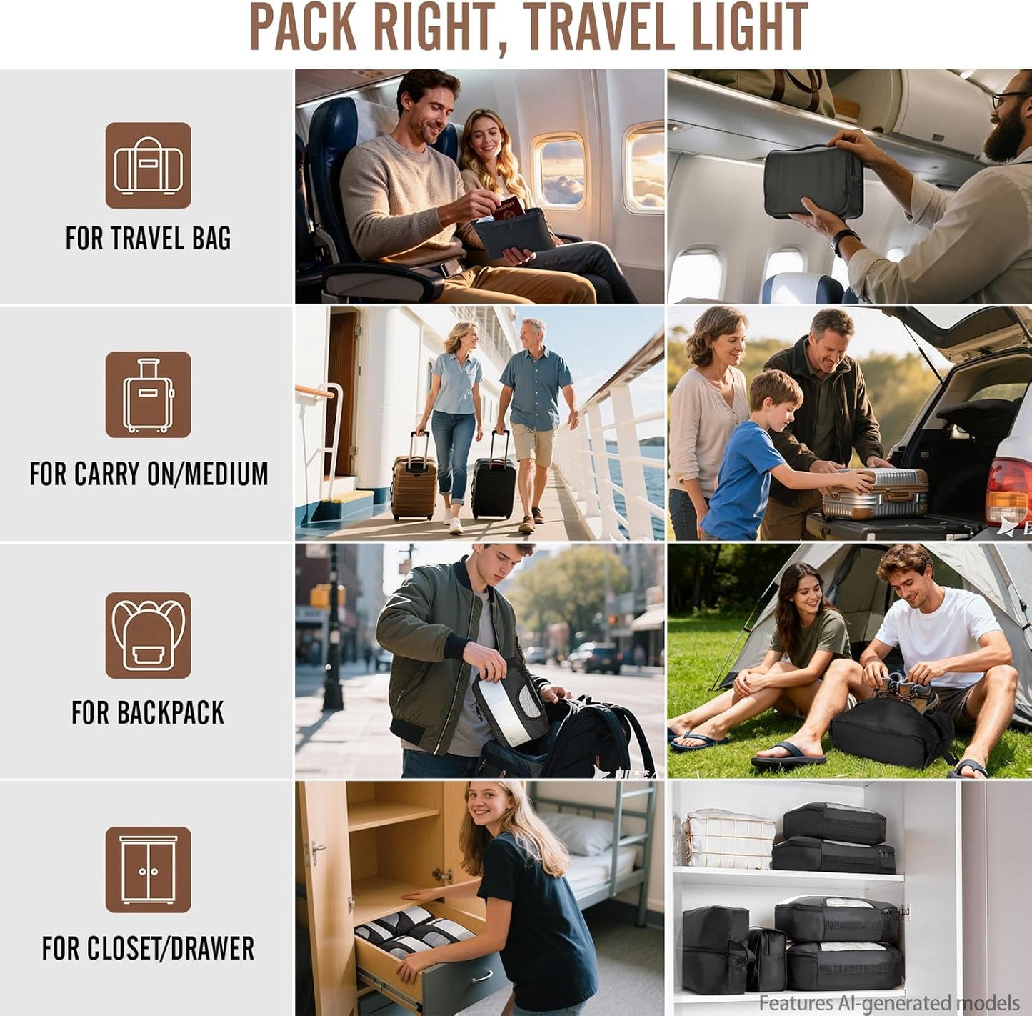 Veken 10 Set/8 Set Packing Cubes for Travel Essentials,Anti-Wrinkle Buckled Suitcase Organizer for Shoe & Toiletry Bag,Carry On Luggage Bag for Airplane & College Dorm Room Accessories,Women Men Gifts