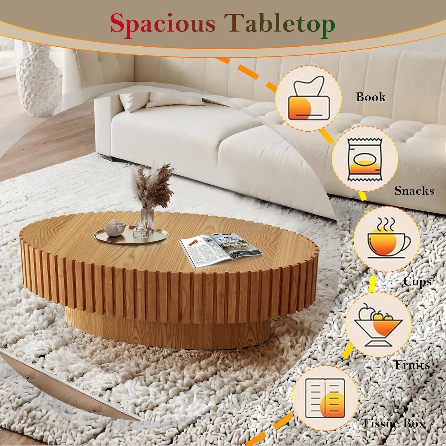 Handcraft Fluted Coffee Table with Sturdy Pedestal (Oval Wood 43.3in) | 43.3" Oval Drum Center Tables | for Living Room Apartment Farmhouse | Easy to Assembly