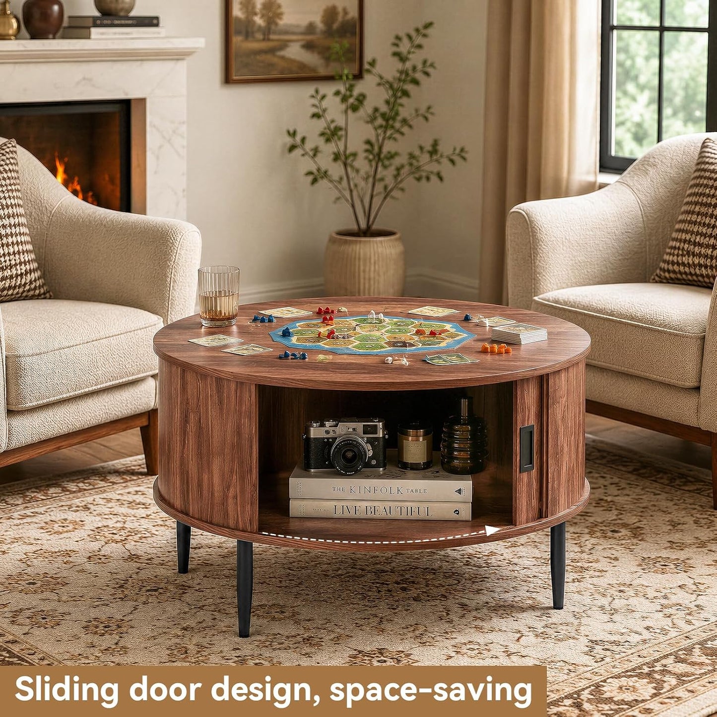 ARTPOWER 31.5" Round Coffee Table with Storage Mid Century Brown Walnut | Easy Assembly,Solid Walnut,Heavy Duty,Flip Top Storage,Fluted Tambour Door,Water&Scratch Resistant Easy Clean,110lbs Capacity