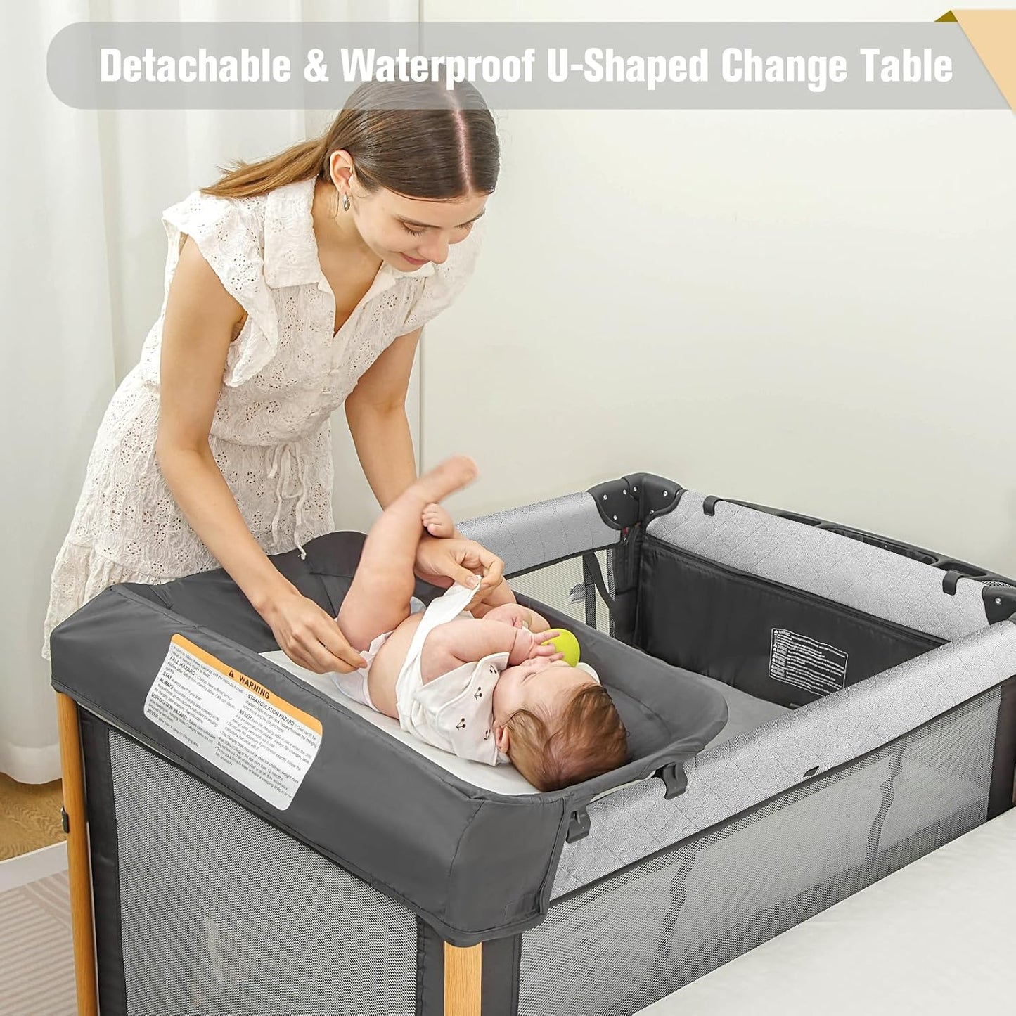 Baby Bassinet 5 in 1 Pack and Play,Baby Crib Adjustable Beside Sleeper One-Second &One-Hand Setup,Portable Playard Foldable Playpen for Newborn,Babies and Toddlers with Changing Table,Mattress (Grey)