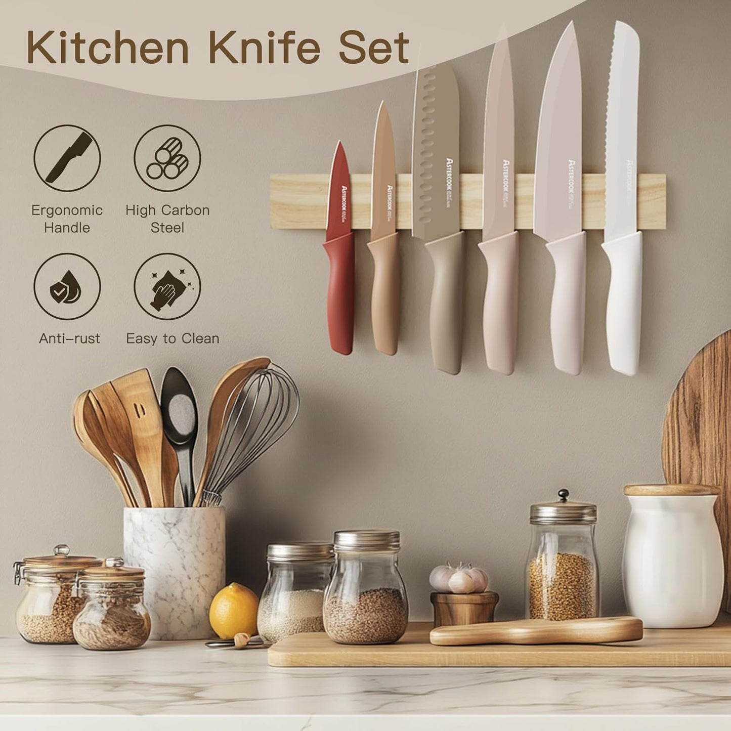 Astercook Knife Set, 13 Pieces Kitchen Knives Set with Healthy Anti-Rust Coating, Dishwasher Safe, Stainless Steel Chef Knife Sets with 6 Blade Guards, Fathers Day Gift for Men