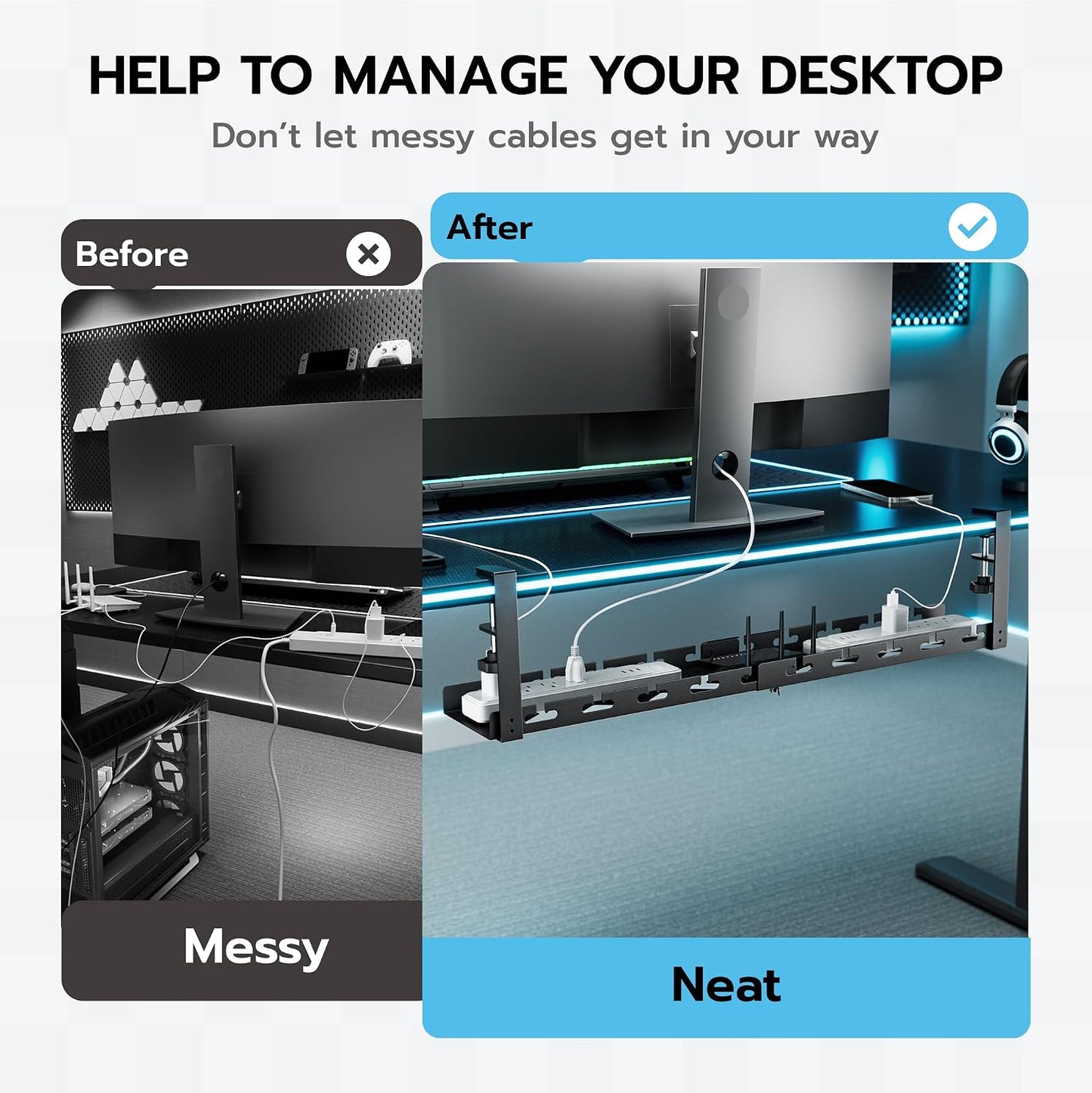 ARES WING 17"-28.7" Extendable Under Desk Cable Management Tray, No-Drill | Clamp-on Metal Cord Organizer with Cable Slots, Holds up to 11 lbs Desk Storage for Office and Gaming Accessories, Black
