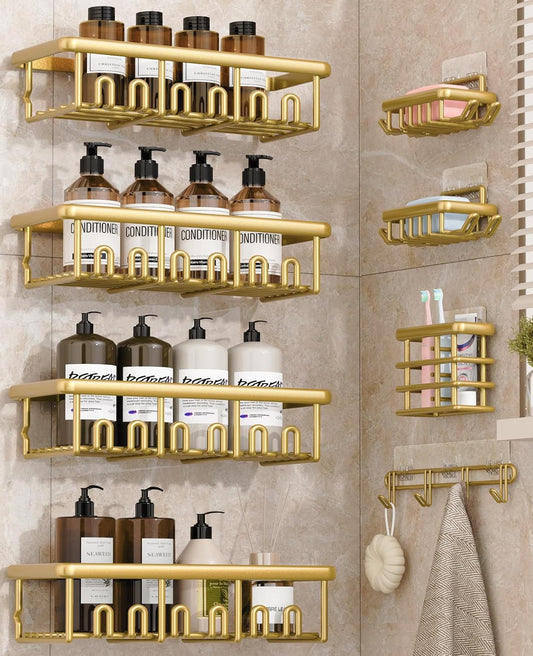 8 Pack Adhesive Rustproof Shower Caddy with Soap Dishes, Toothbrush Holder & Hooks, Large Capacity No-Drilling Shower Shelves Rack for Bathroom Organizers and Storage Accessories, Gold