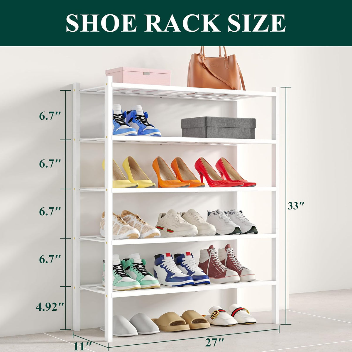 Smiry Bamboo Shoe Rack, 12 Vertical Slats, 5 Tier - 26.8" Wide, White