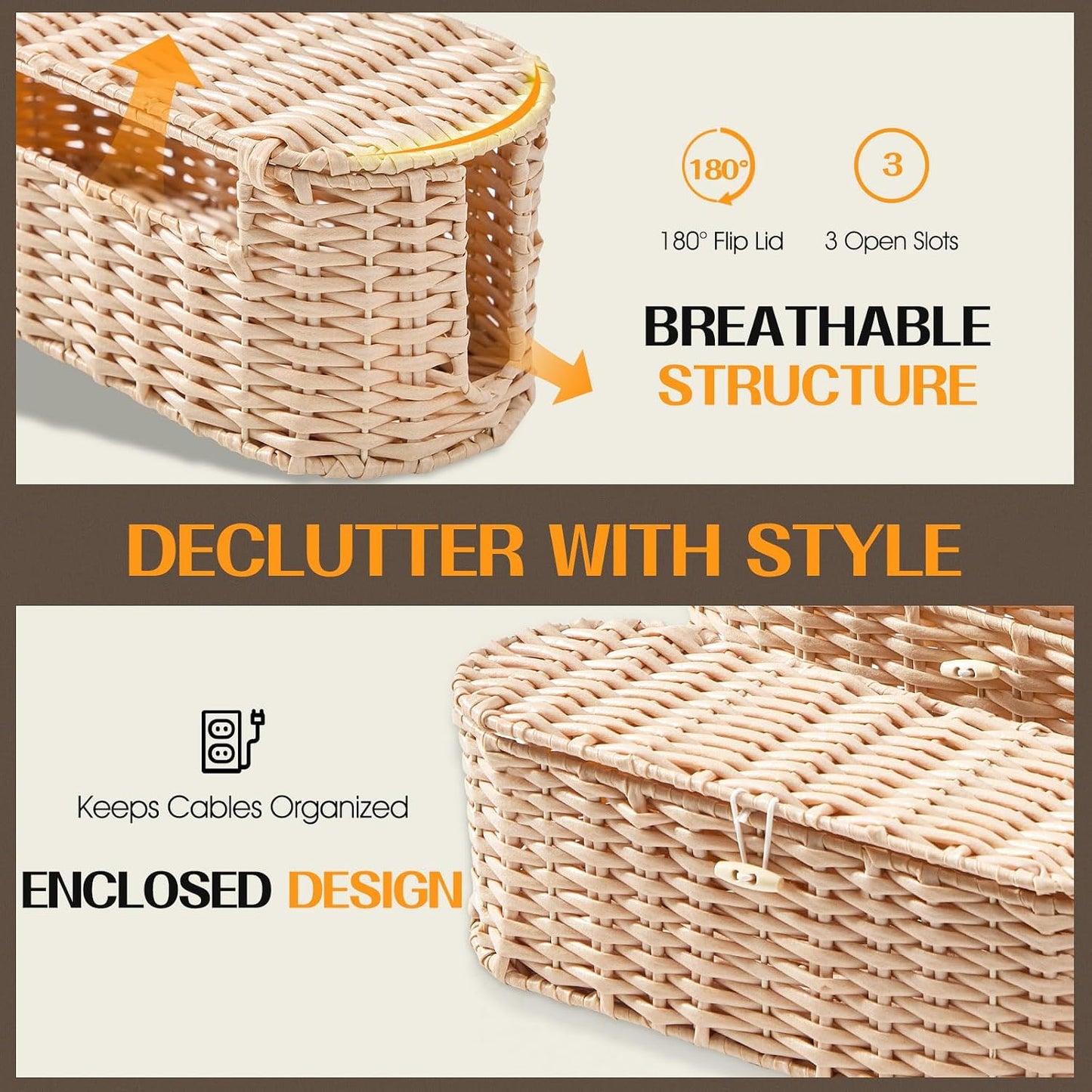 FairyHaus Cable Management Box 2Pack Cream, Handwoven Large and Small Cable Organizer Box Cover to Hide Cords and Power Strip, Imitation Wicker Cord Organizer Box Hider for Office Desk and Floor