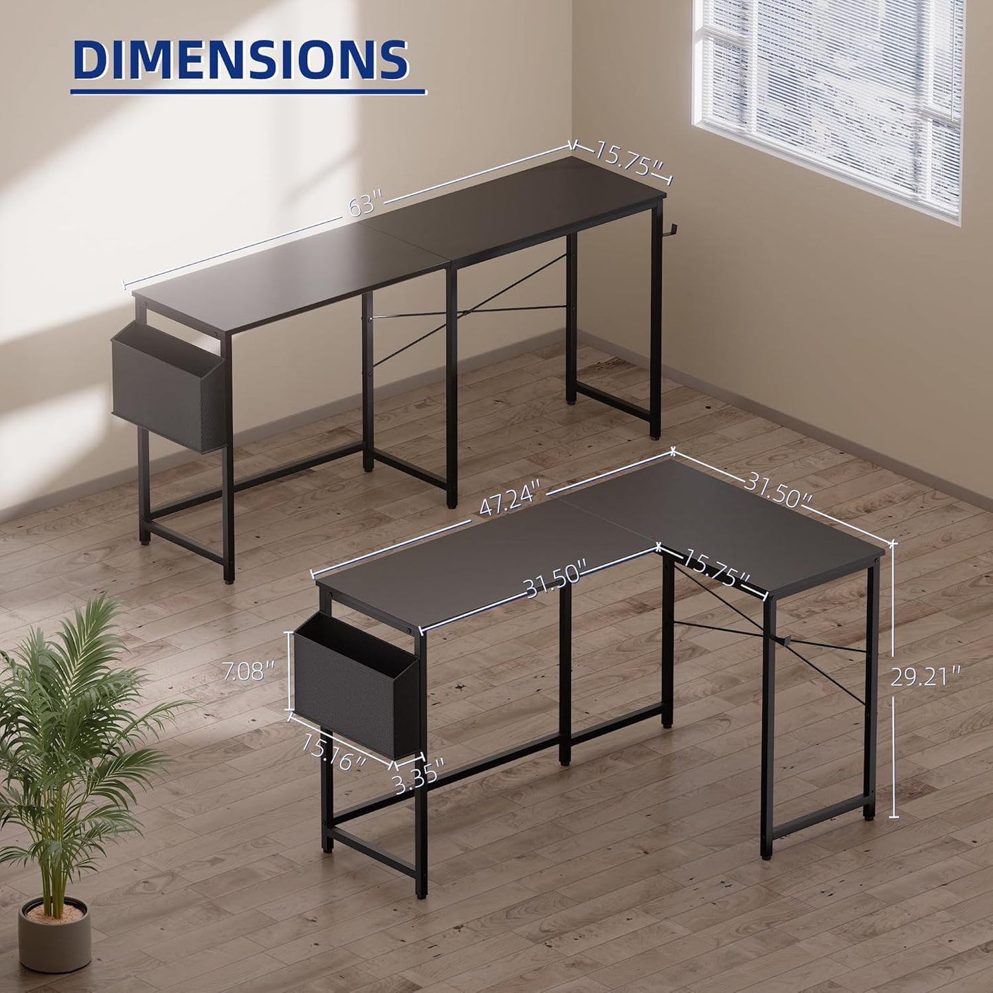 Pamray 47 Inch Reversible L Shaped Gaming Desk Corner Computer Desk with Storage Bag Home Office Table for Writing Study Brown