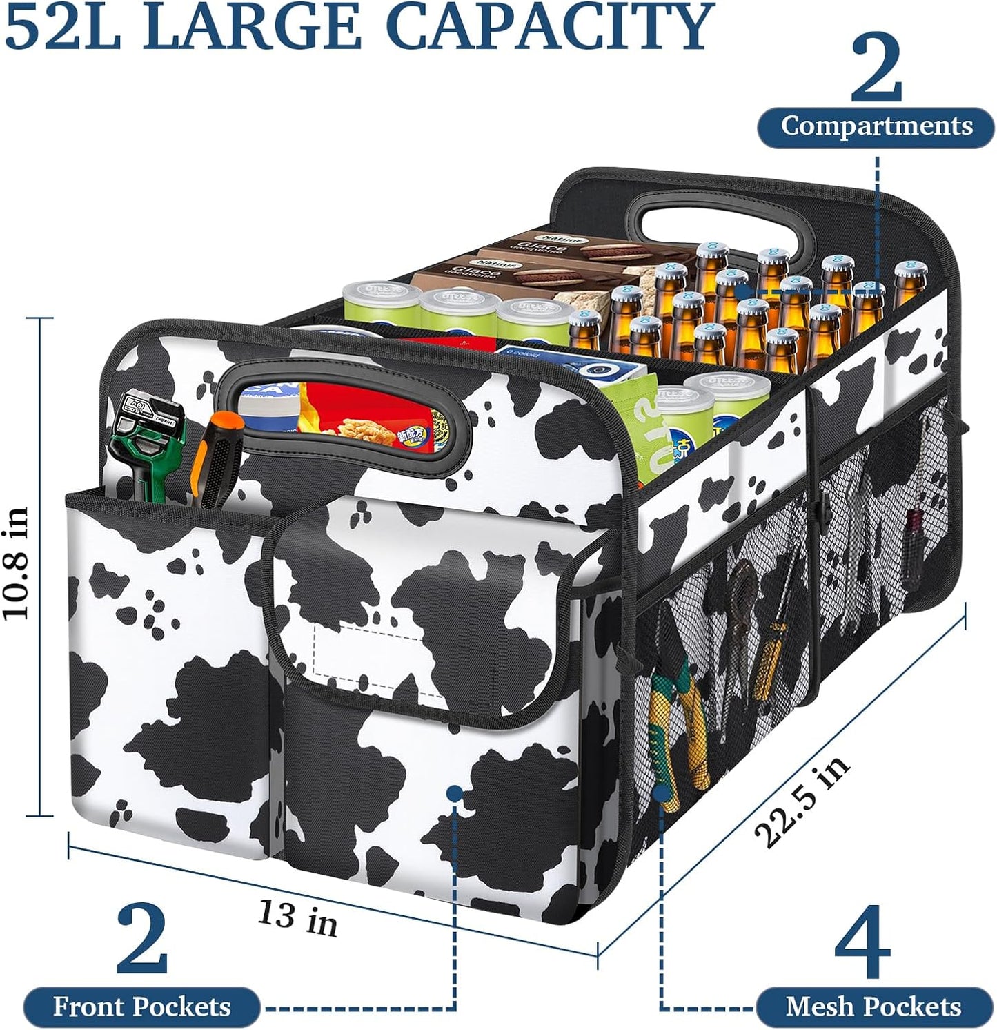 Femuar Car Trunk Organizer, Cow Print, Vintage Style, 52L Capacity, 4 Compartments, Waterproof, Non-Slip, Collapsible, 22.5"D x 18"W x 10.8"H