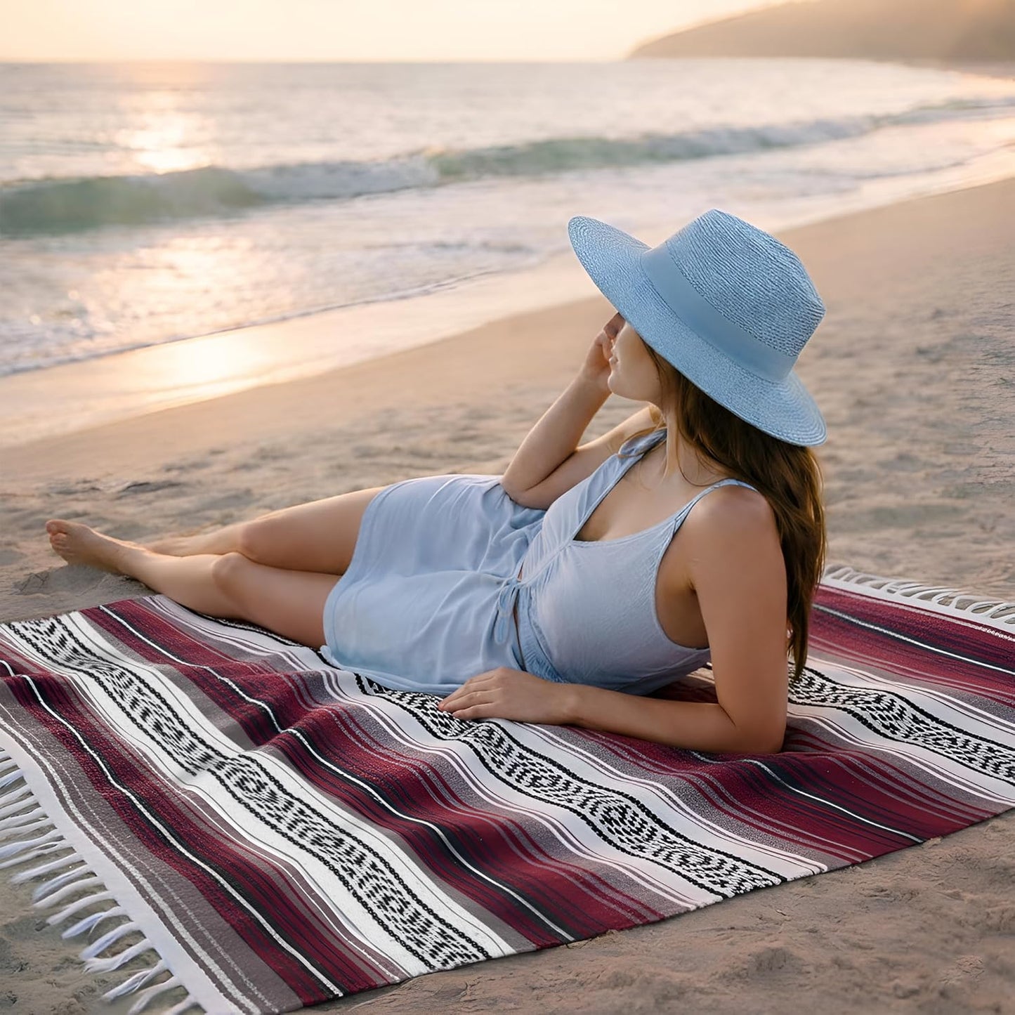 Mexican Blanket (Authentic Handmade Falsa) - Durable, Lightweight Baja Indian Blanket for Yoga, Beach, Camping, Picnic, Car/Truck, Outdoor Mexican Throw, Baja Saddle Blanket, 70"x50", Cherry