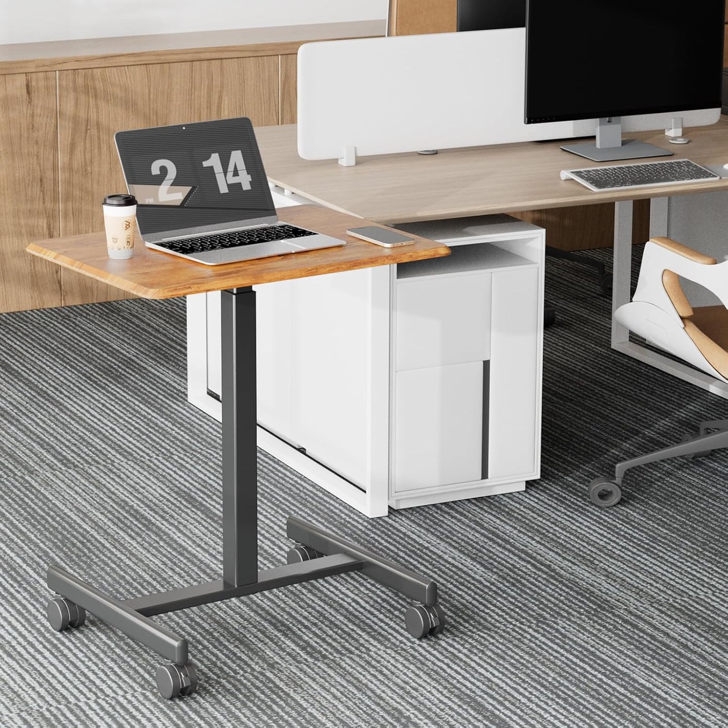 DUMOS Small Standing Desk Mobile Portable Rolling Laptop PC Table on Wheels Adjustable Height Computer Workstation for Home Office, 19 Inch, Modern Brown