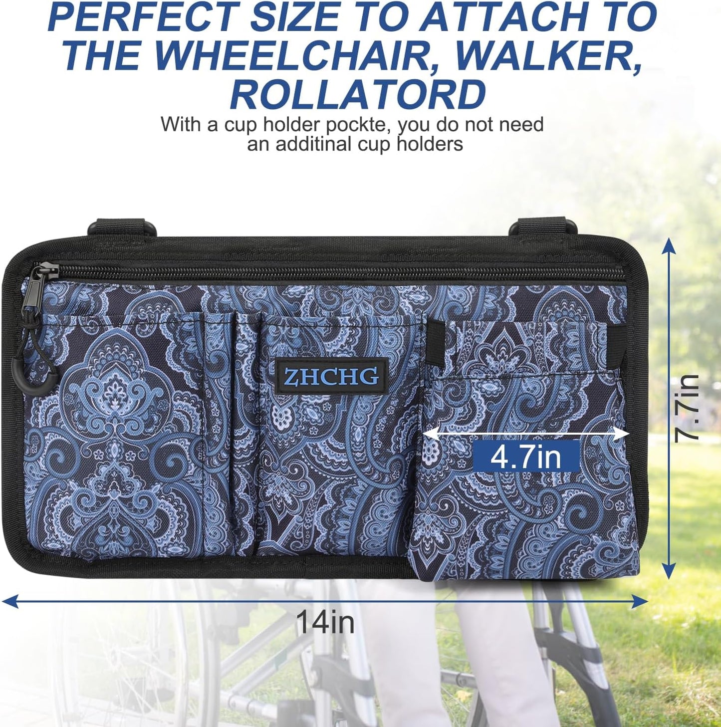 ZHCHG Wheelchair Side Bag with Cup Holder, Wheelchair Armrest Pouch Accessories for Walker, Rollator, Electric Scooter Wheelchairs, Ideal Gift for Mother's Day & Father's Day- Navy
