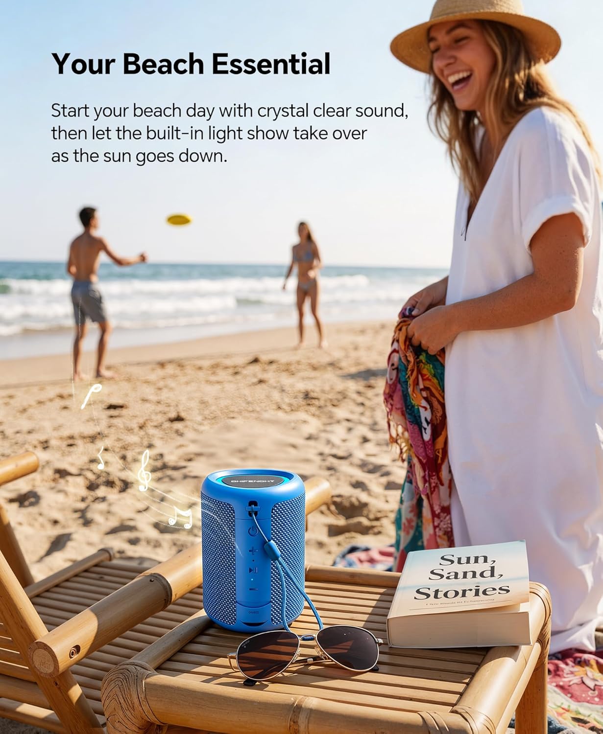 Portable Bluetooth Speaker Beach Essentials: Powerful Crystal Clear Sound/Dynamic Light/IPX5 Waterproof/All Day Playtime/Wireless BT 5.3/TWS Paring, Dad Gifts, Outdoor|Travel|Camping|Pool Accessories