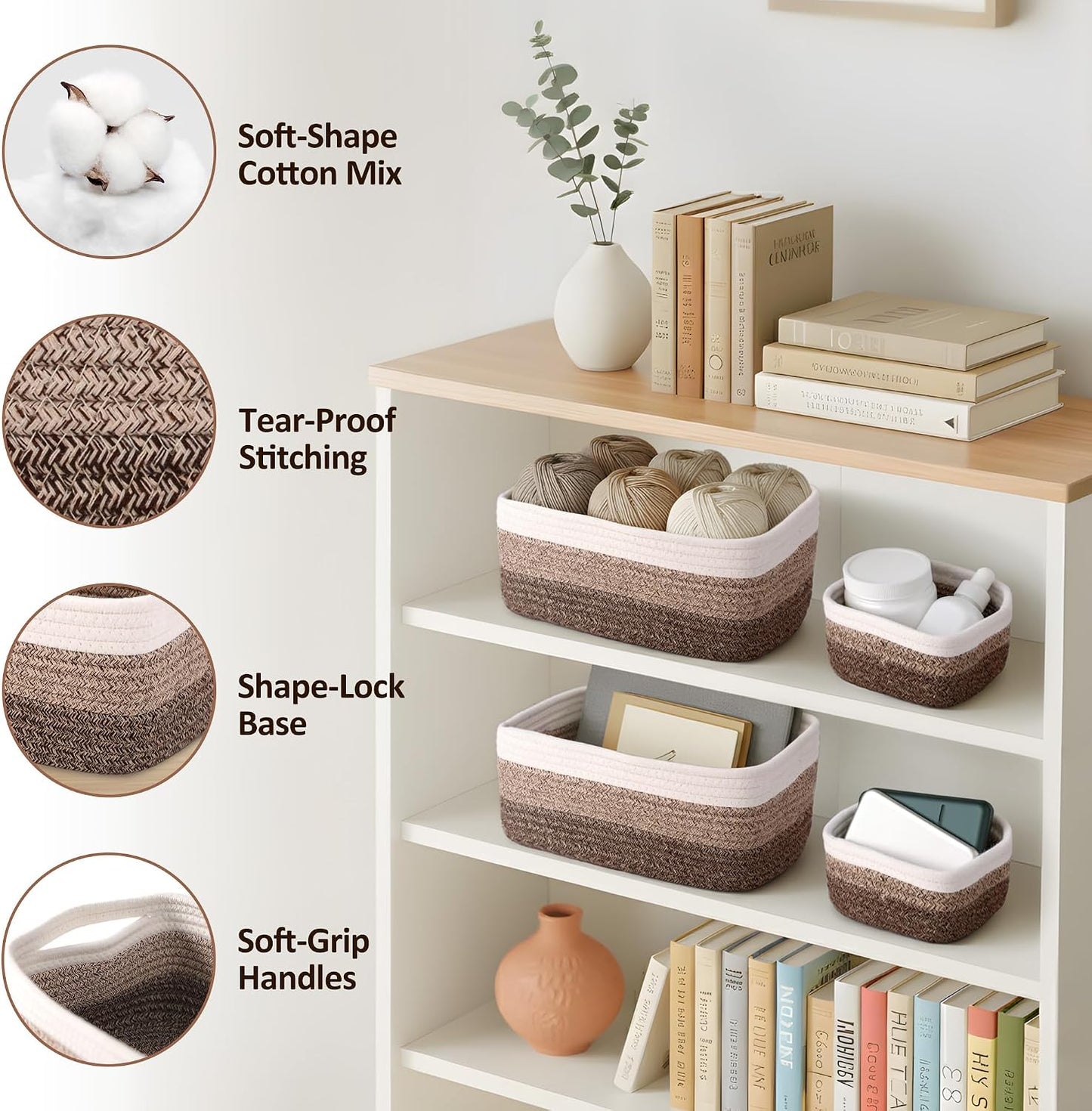 5-Pack Small Woven Rope Storage Baskets, 2 Sizes Organizer Bins | Fabric Cube Boxes and Rectangular Shallow Bins for Closet, Shelf, Bookshelf, Nursery, Changing Table, Bathroom, Toys & Home
