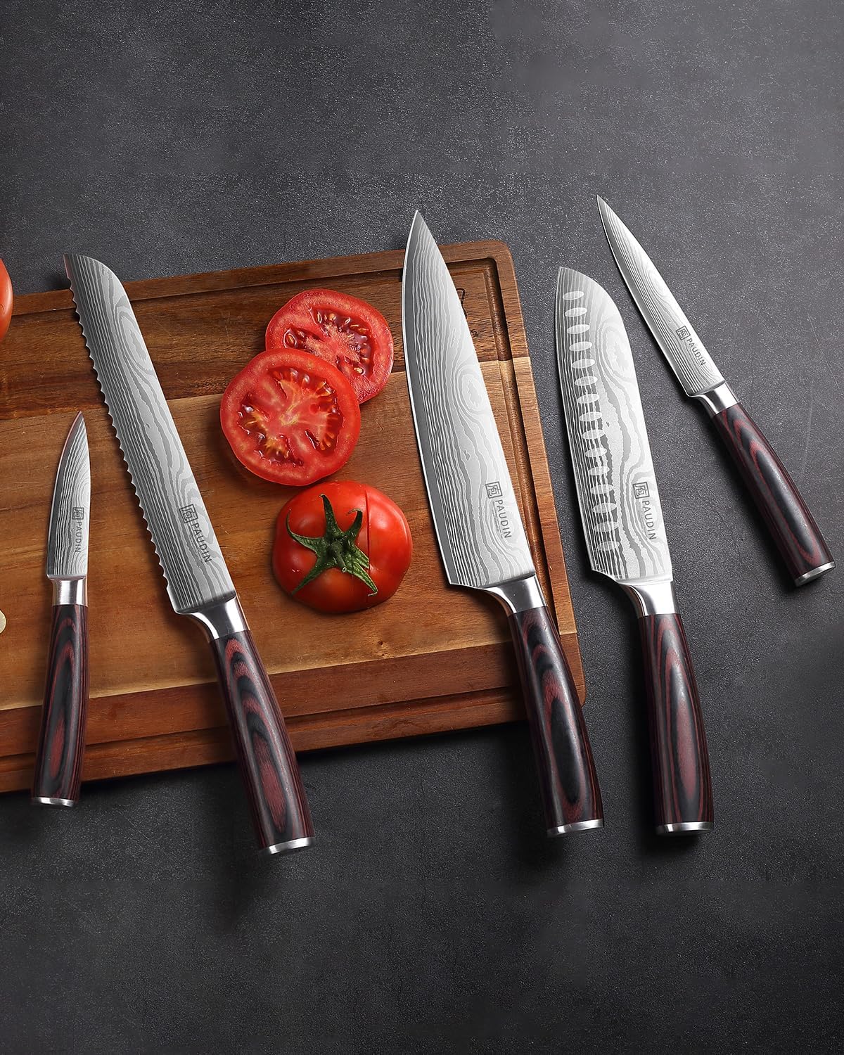PAUDIN Knife Set, 5PCS Kitchen Knife Set without Block, Stainless Steel Chef Knife Set with Pakkawood Handle, Professional Kitchen Gift Sets for Cooking Lovers & Farther's Day