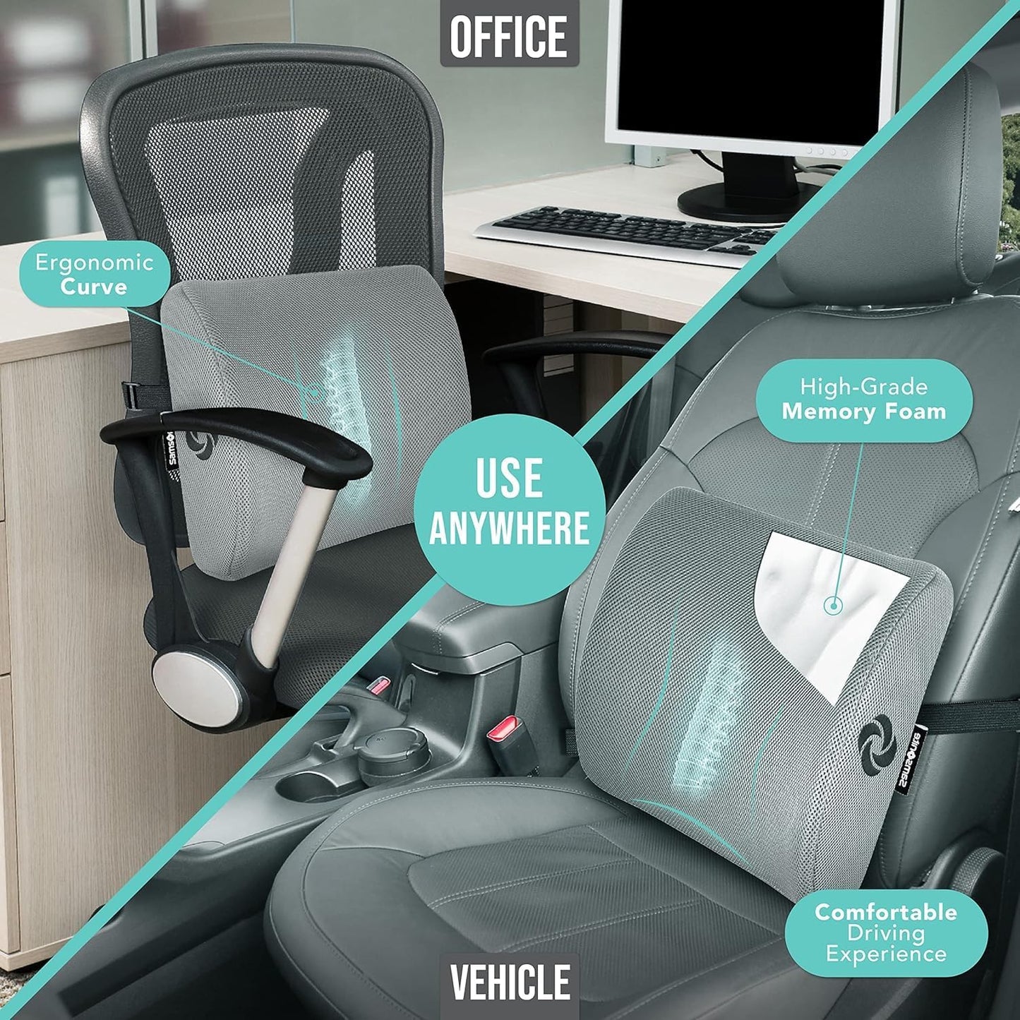 Samsonite Memory Foam Lumbar Support Pillow for Office Chair, Gaming Chair & Car Seat Automotive Use, Ergonomic Back Cushion, Work from Home Essentials, Office Essentials for Sitting Comfort, Grey