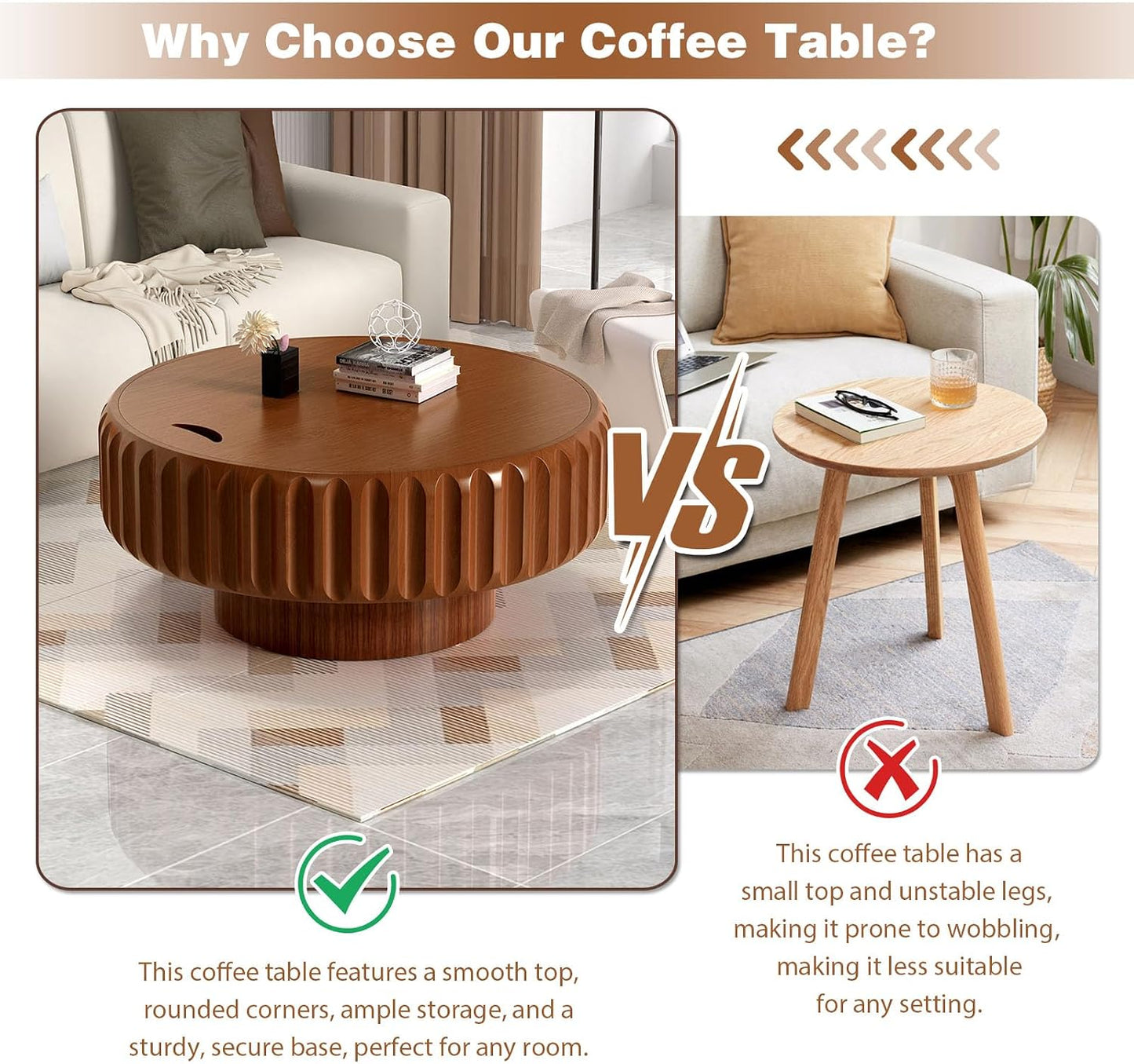 39.4" Brown Round Fluted Storage Coffee Table | Round Drum Coffee Table with Storage Handcrafted Solid Wood Fluted Edge, Sturdy Cylindrical Base for Living Room Apartment
