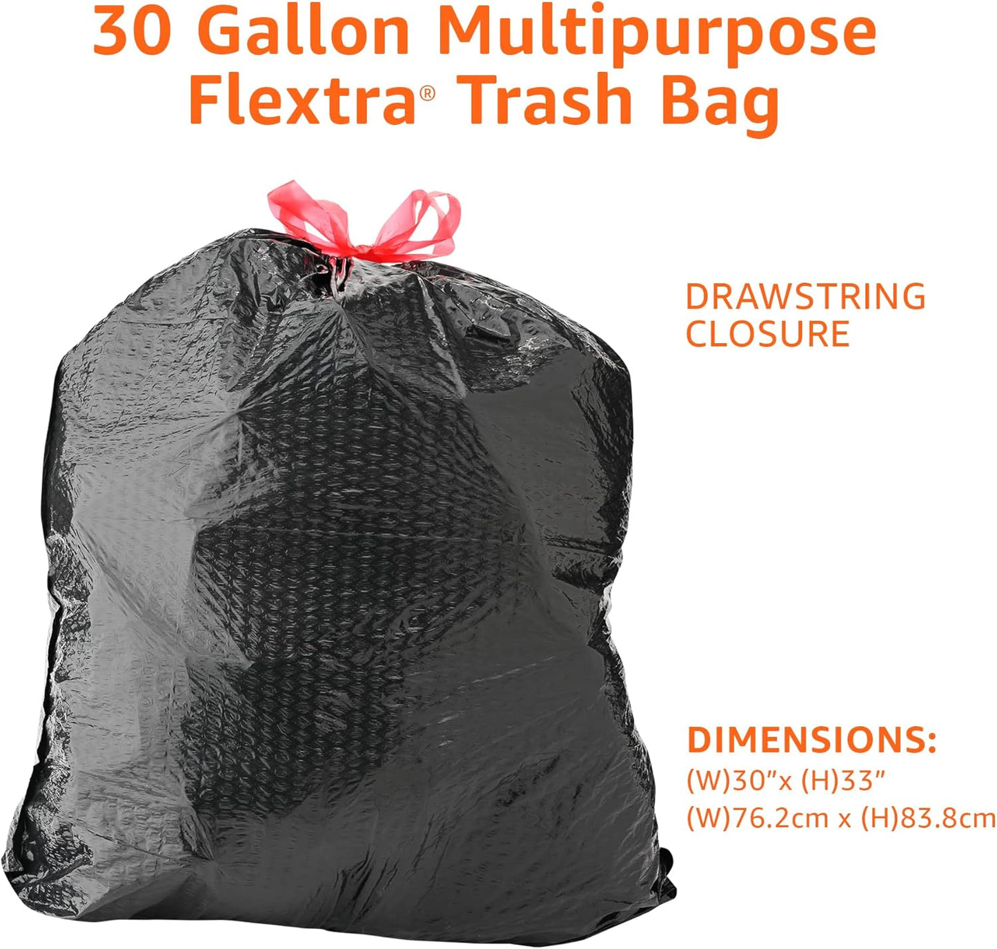 Amazon Basics Flextra Multipurpose Drawstring Trash Bags, 30 Gallon, 50 Count, Tear Resistant