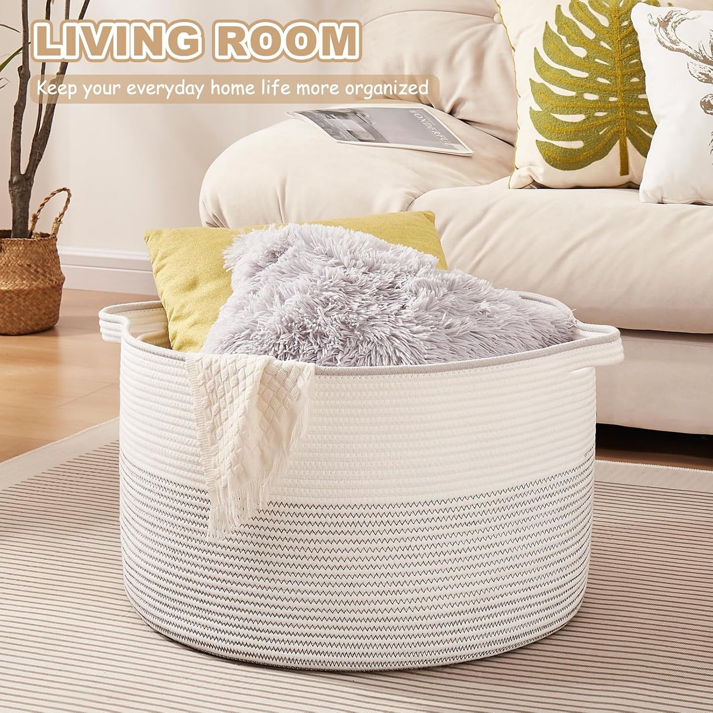 OIASKET Large Blanket Basket with Handles, 22.8" x 22.8" x 13" Woven Storage Basket for Living Room, Cotton Rope Baby Toy Storage for Clothes, Pillows, Towels-Black and White