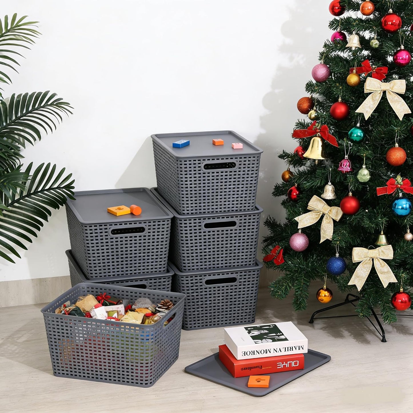 6 Pack Plastic Storage Bins with Lids, Stackable Storage Baskets with Handles, Large Organizer Bins for Desk, Shelves, Office, Plastic Container Bins for Pantry Organizers and Storage, Grey