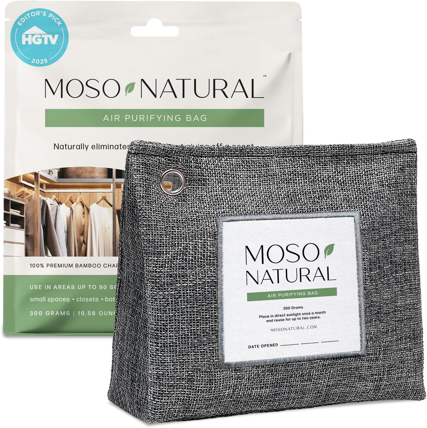 Moso Natural Air Purifying Bag 300g, Premium Charcoal Odor Absorber & Deodorizer for Closets, Bathrooms & Small Spaces — Lasts 2 Years, Pet Odor Eliminator for Home, Unscented Bamboo Charcoal Bag