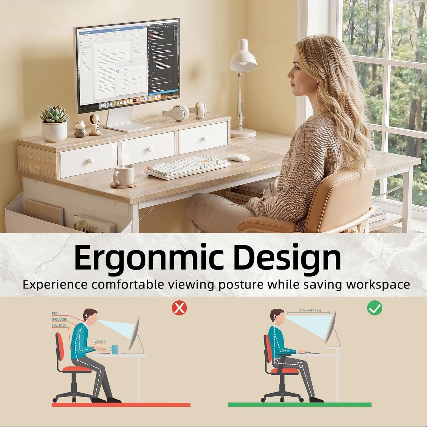 TIQLAB 40 Inch L Shaped Computer Desk with 3 Drawers & Power Outlets, Small Corner Desk with Reversible Shelves, Vanity Kids Writing PC Desk for Bedroom Home Office, Study Table for Girls, Maple