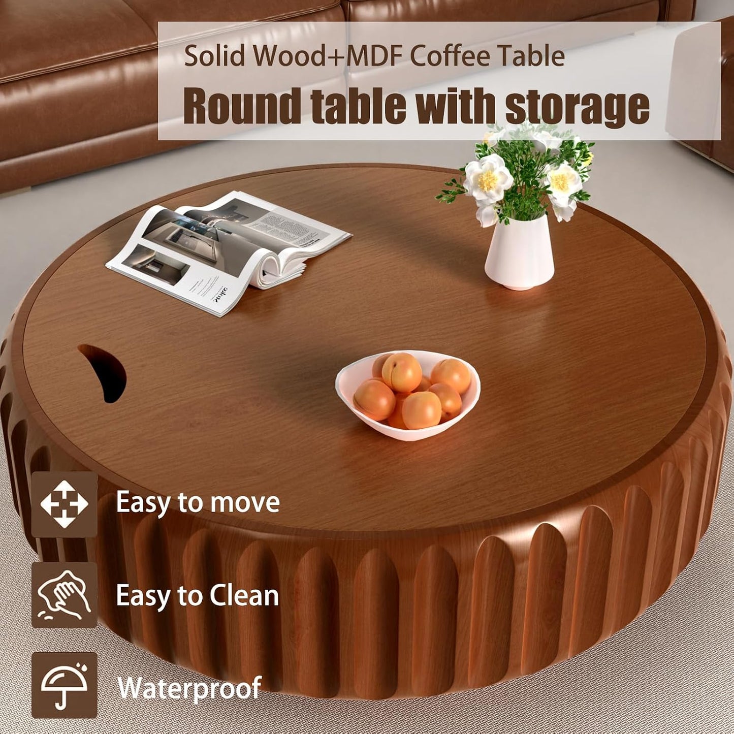 31.5" Round Fluted Coffee Table with Hidden Storage (31.5" Brown) | Round Wooden Coffee Table with Solid Wood Veneered, Gear Center Table, Drum Tea Table for Living Room Apartment