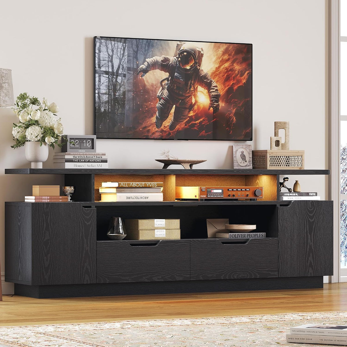 IRONCK TV Stand for TVs up to 85", LED Lights and Power Outlets, Black