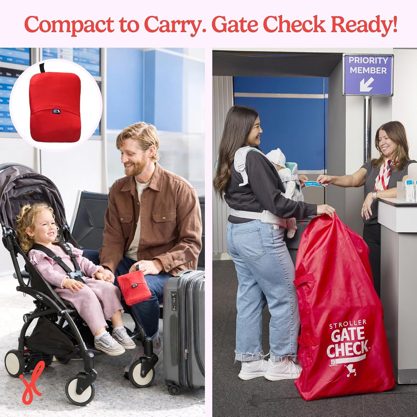 J.L. Childress Gate Check Bag for Single & Some Double Strollers - Travel Bag for Airplane, Fits Most Standard Baby Strollers, Airport Accessories for Gate Check, Flying Essentials - Red