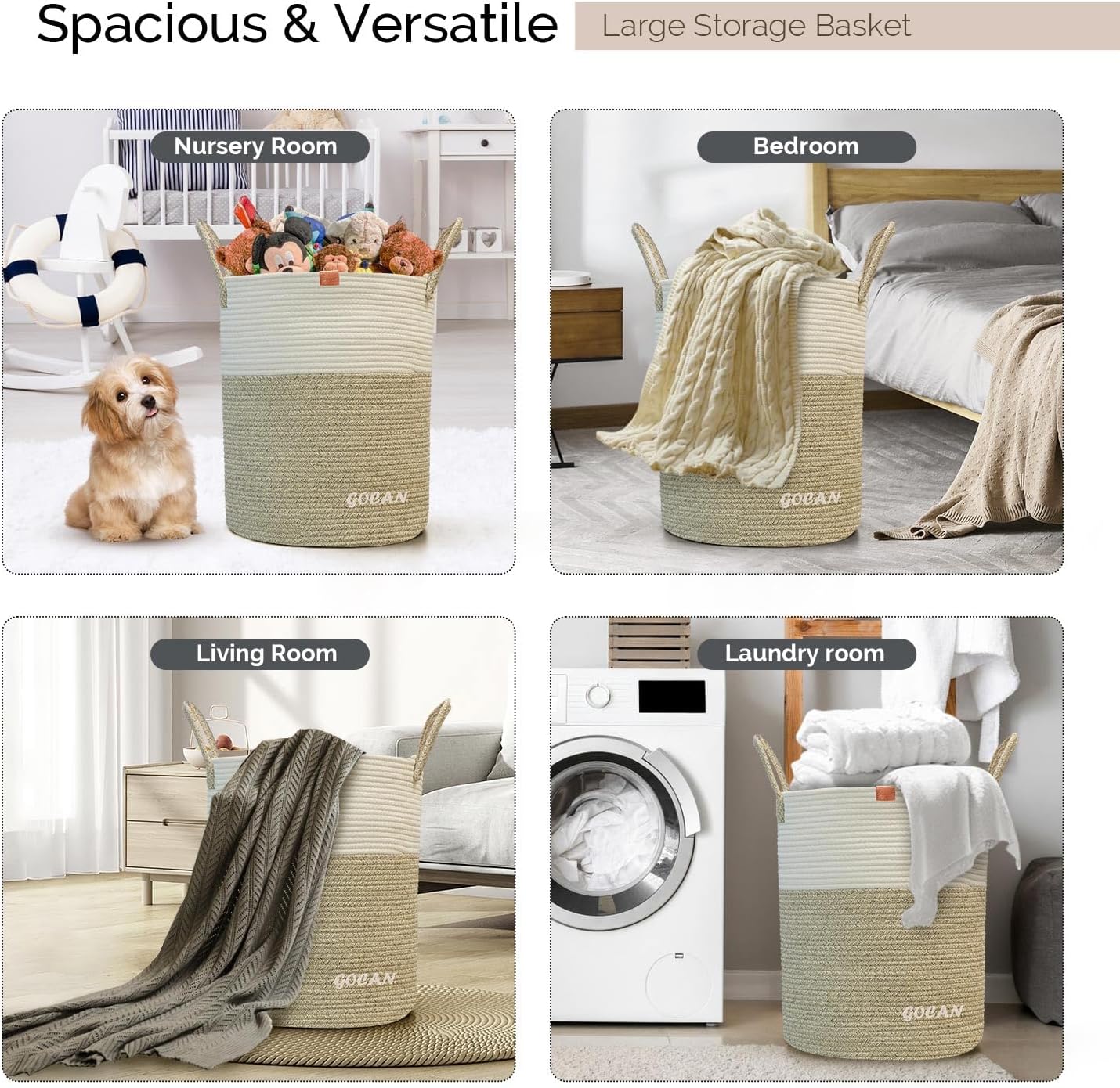 GOCAN large tall sturdier Laundry Hamper Basket Woven Storage Baskets for clothes Pillows Blanket Toy in living or bed room decoration H50XD38cm borwn/beige