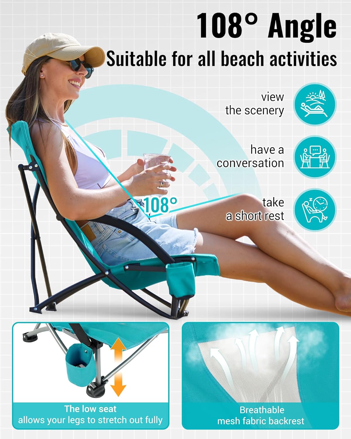 KingCamp Low Beach Chair, High Back Folding Camping Chair for Adults, Oversized Breathable Mesh Seat, 300lbs Heavy Duty Portable Chair with Cup Holder & Storage Pockets for Beach, Outdoor