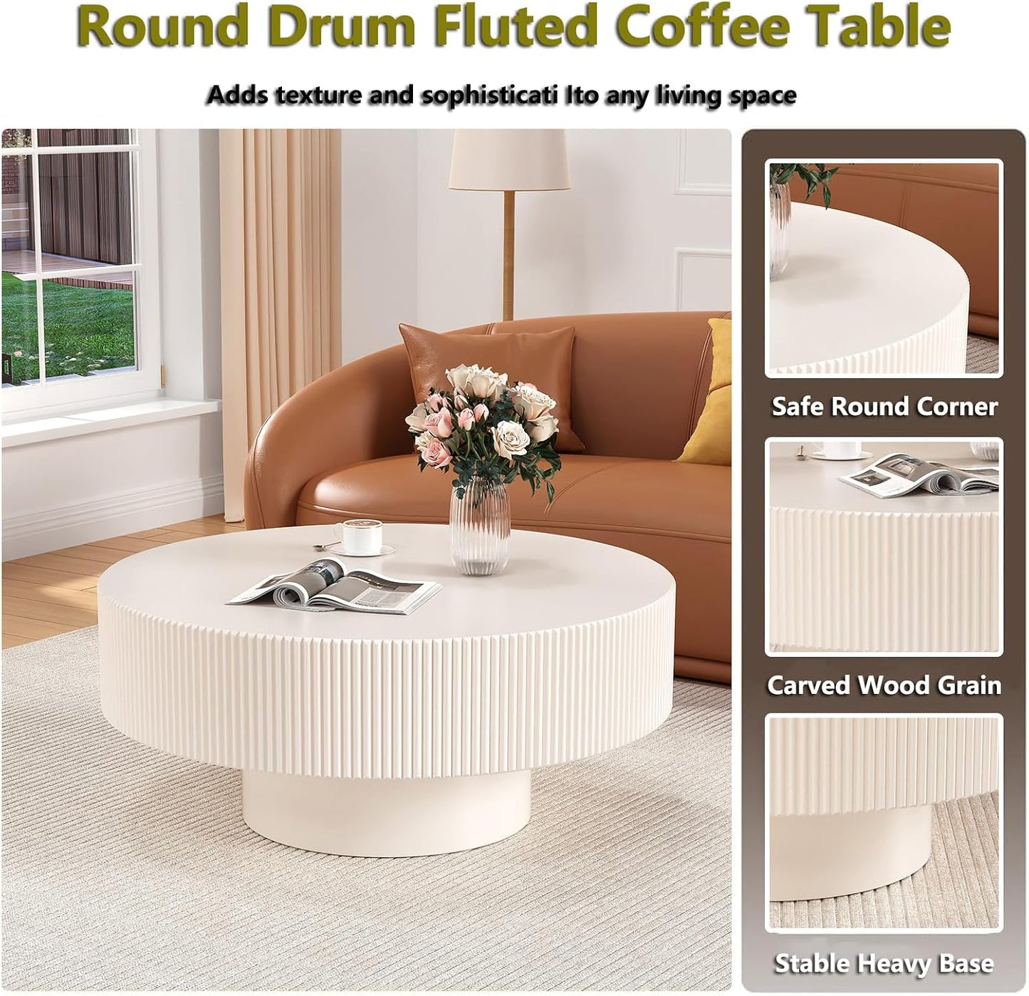 30.9" Round Drum Fluted Coffee Table (A) | Mid-Century Modern, Easy Assembly, Sturdy Pedestal, Center Tables for Apartment Living Room
