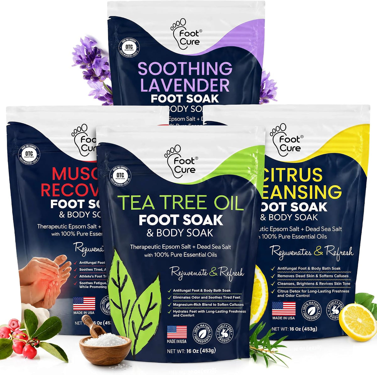 Tea Tree, Muscle Recovery, Citrus Detox, Soothing Lavender Foot Soak
