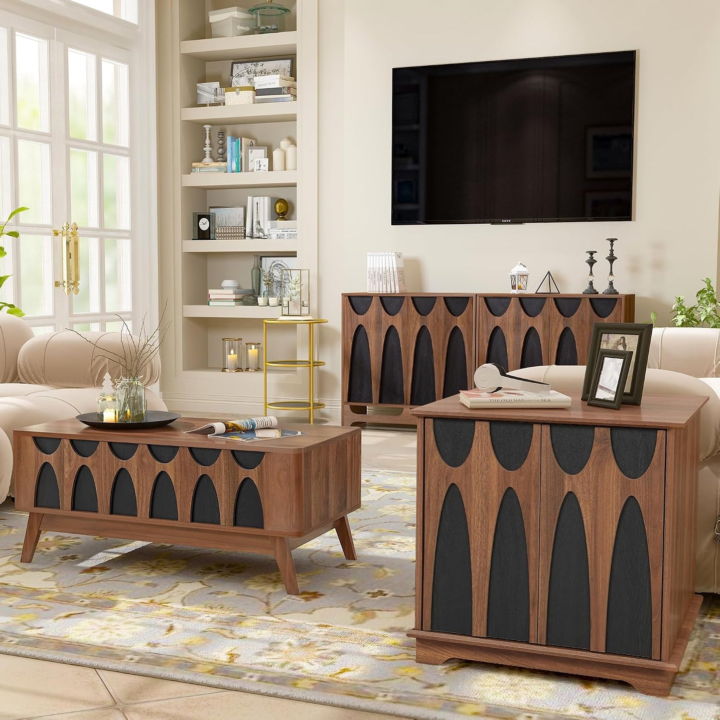 Bifins 24inch Large Square End Table Set of 2 with Storage | Mid Century Modern Sofa Side Table with Shelf and Doors for Living Room Office(Walnut and Black, 2 pcs)