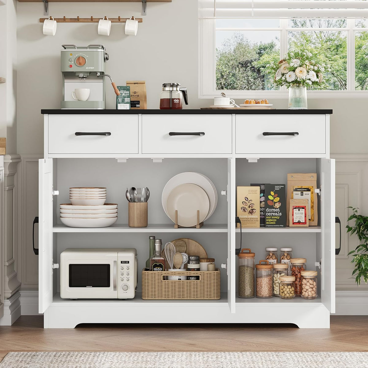 HOSTACK Kitchen Buffet Cabinet with Storage, Sideboard Coffee Bar, White | Farmhouse Kitchen Storage Cabinet with 3 Drawers & Adjustable Shelf & Doors, 42.5"W Buffet Table for Dining Living Room