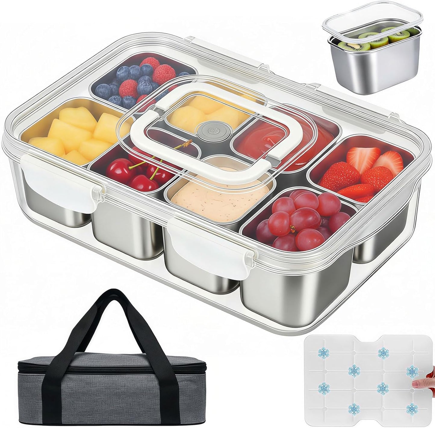 Portable Snackle Box Container with Ice Pack,Snack Container Divided Serving Tray Insulated Bag, Cooling Travel Snacklebox with Lid & Handle,8 Compartment Chilled Serving Tray for Beach,Outdoor,Picnic