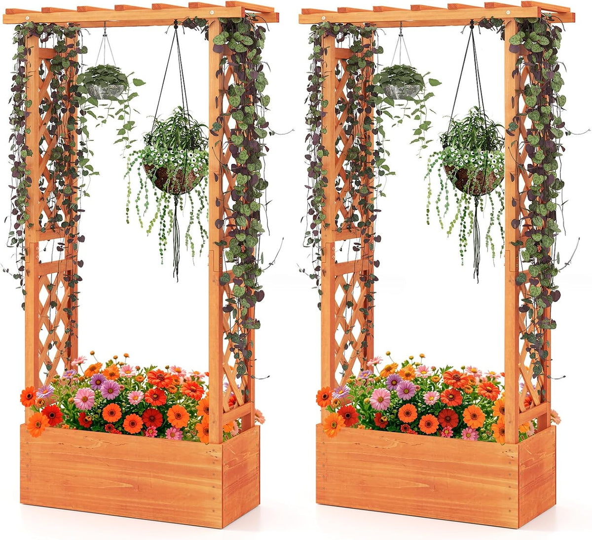 S AFSTAR Raised Garden Bed with Trellis, 2 Pieces Wood Planter Box with Hanging Roof & Drainage Holes for Climbing Plants, Vines, Flowers & Vegetables, Indoor Outdoor Plant Container for Patio & Yard