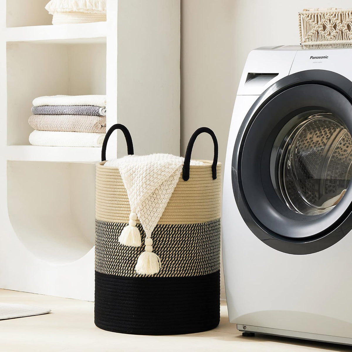 YOUDENOVA Woven Laundry Hamper Basket, 72L Tall Laundry Basket-Black&Brown