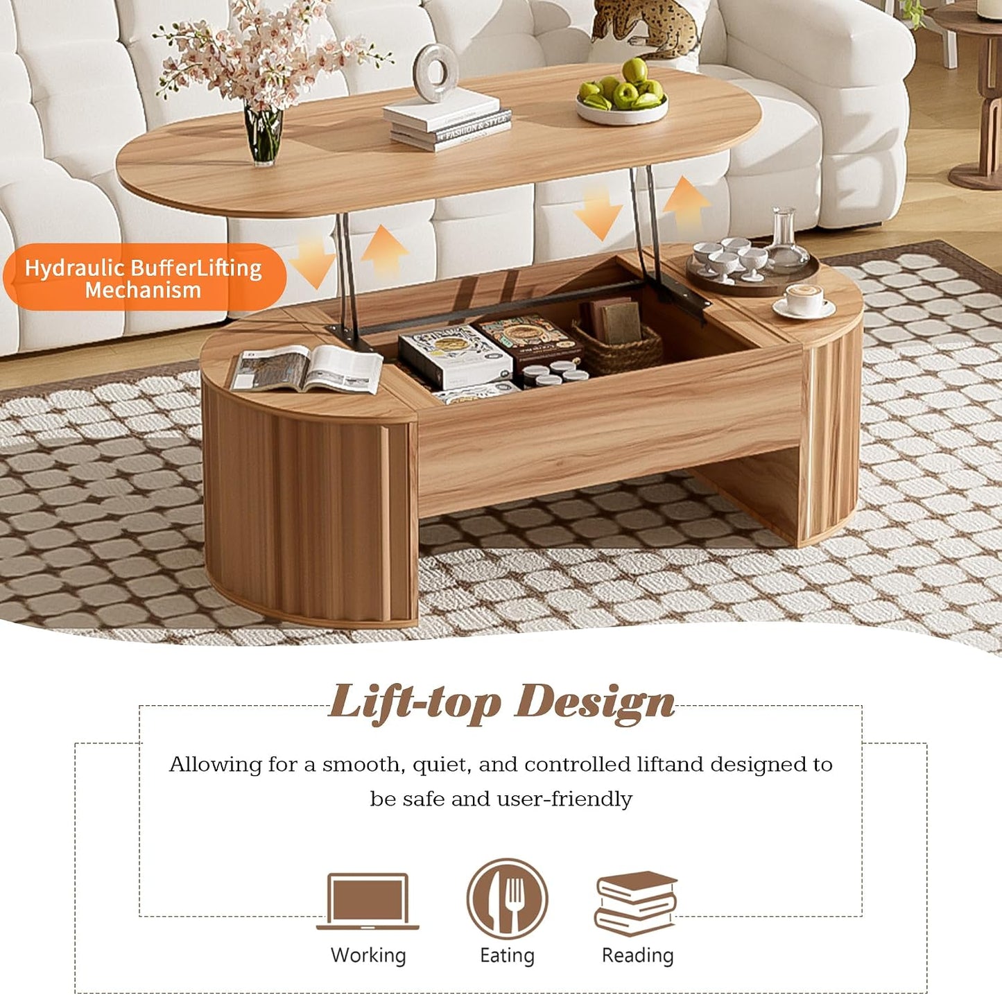 47.2" Lift Top Coffee Table with Hidden Compartment, Modern Oval Fluted Wooden Center Table Cocktail Tea Table with Curved Safety Corners and Adjustable Height for Living Room, Light Brown
