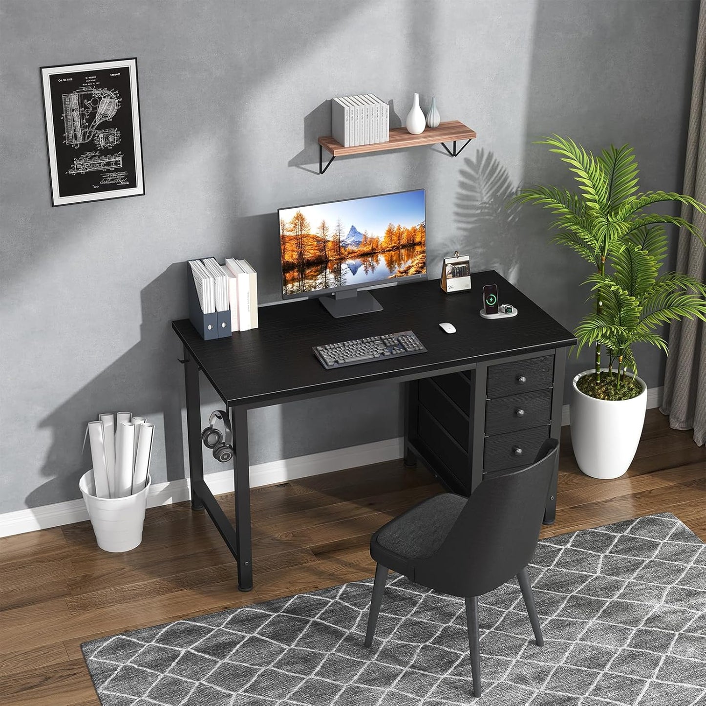 Lufeiya Small Gaming Desk with 4 Drawers, 40 Inch Kids Girls Teen Cute Study Desk for Bedroom, Reversible Work Computer Writing Table Desks for Small Space Home Office, Black