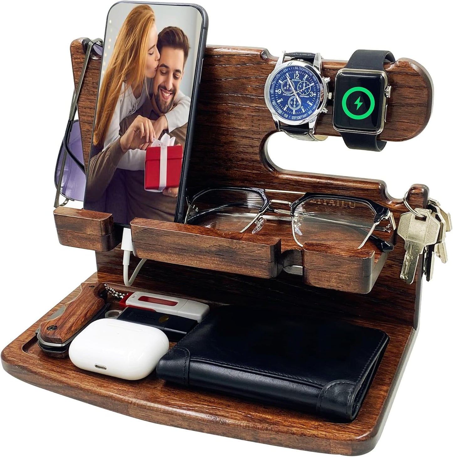 VEIYAILU Gifts for Men Women Dad Husband Boyfriend Wood Phone Docking Station Nightstand Organizer for Men Birthday Gifts (Dark Brown)