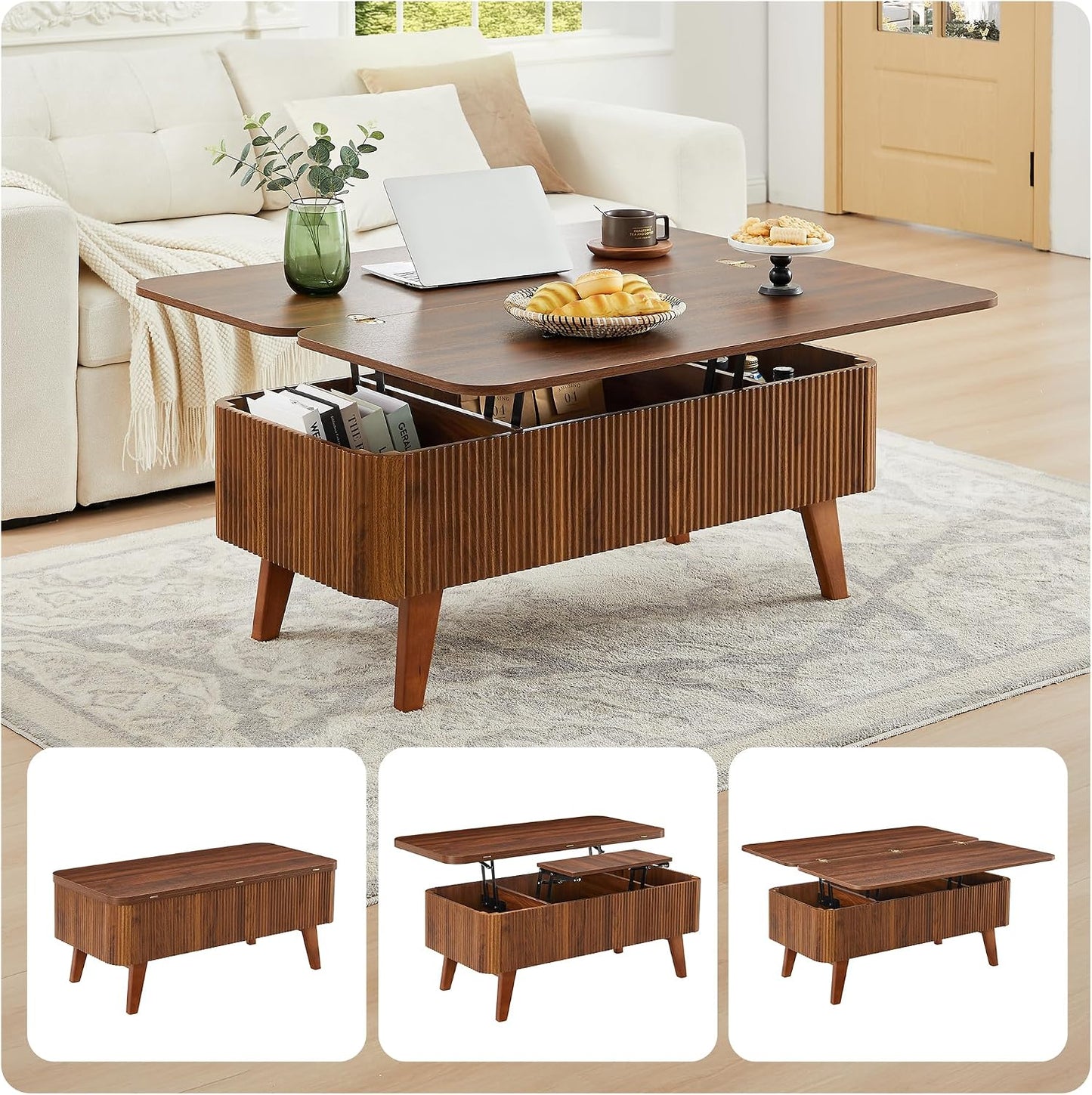 3 in 1 Lift Top Coffee Table, Fluted Convertible Coffee Tables Converts to Dining Tables, Modern Oval Wooden Center Table with Storage for Living Room Office Small Space, Partial Assembly (Walnut)