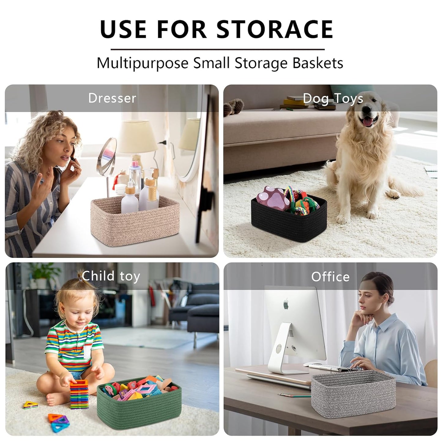 OIASKET 4 Pack Small Storage Shelf Baskets for Organizing, Mini Woven Rope Storage Bins for Towels, Cute Decorative Closet Organizer，Baby Nursery, Gift Empty Baskets -11.81''Lx7.87''Wx4.72''H-Black